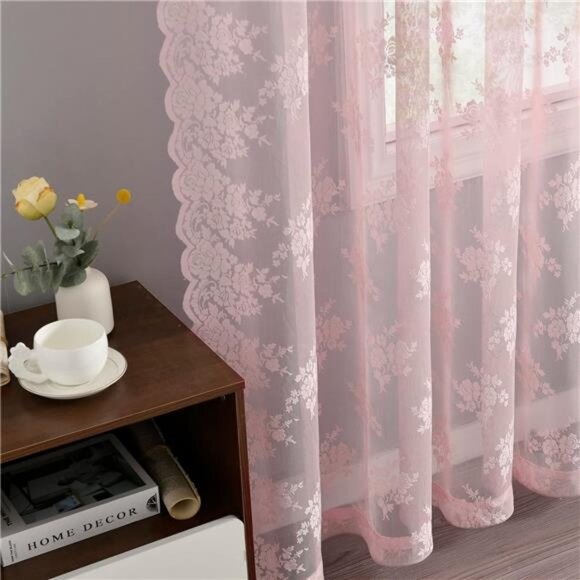 Pink Sheer Curtains for Girls Bedroom - Vintage Floral Sheer Lace Curtains - Picture 5 of 7